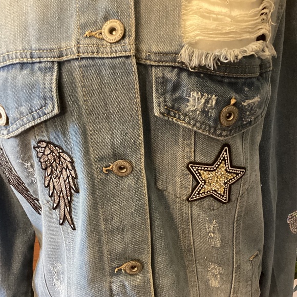 Distressed Denim Sequin Angel Jacket ( Size: XL) - Picture 3 of 7